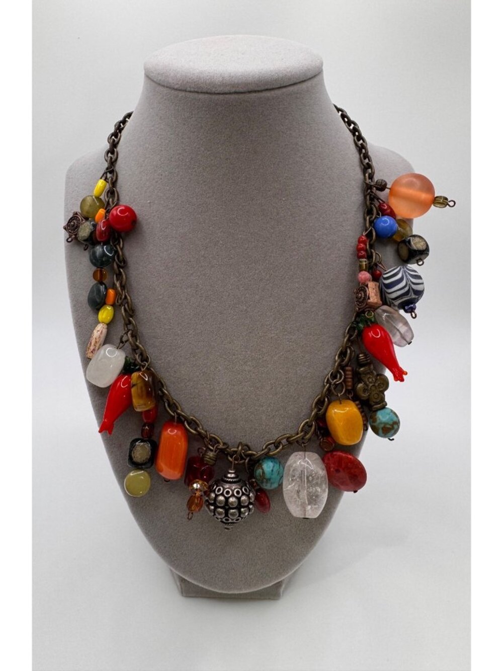 Vintage Chunky Mixed Media Charm Necklace 925 Center Glass Gemstone Dangles 17.5
